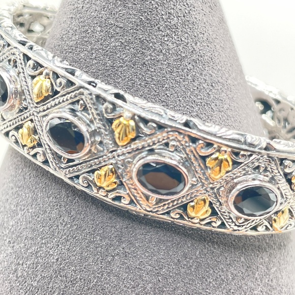 Robert Manse Signed 925 Sterling Silver 18K Onyx Cuff Bangle Bracelet - Picture 2 of 12